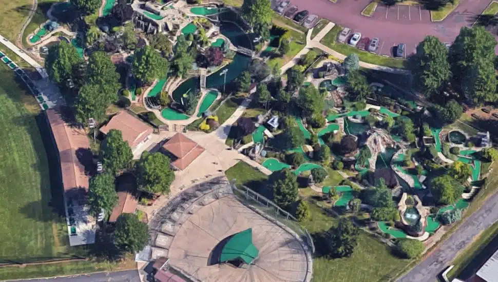 Aerial view of the mini golf courses at Freddy Hill Farm.