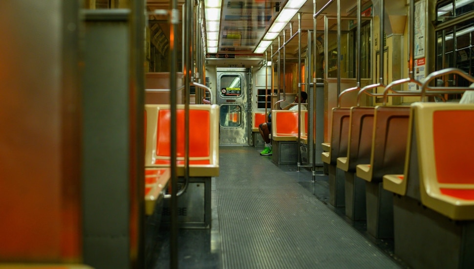 Inside a Broad Street Line Subway train.