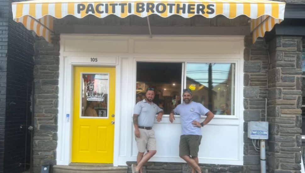 Frank and Chris Pacitti stand outside Pacitti Brothers Hot Dogs and Ice Cream in Hatboro.