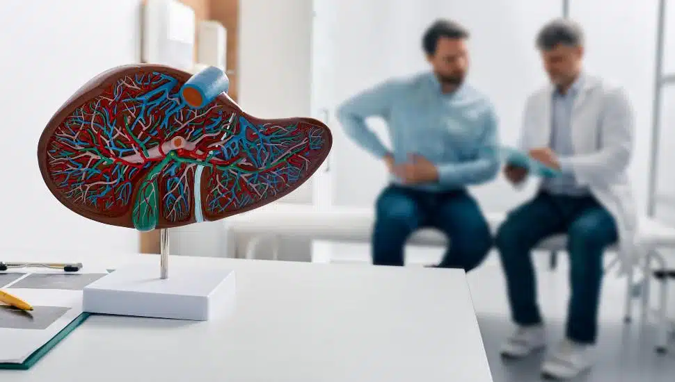 Liver anatomical model on doctor's table during hepatologist consultation .