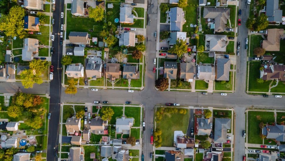 Panoramic view of suburbs from birds eye.