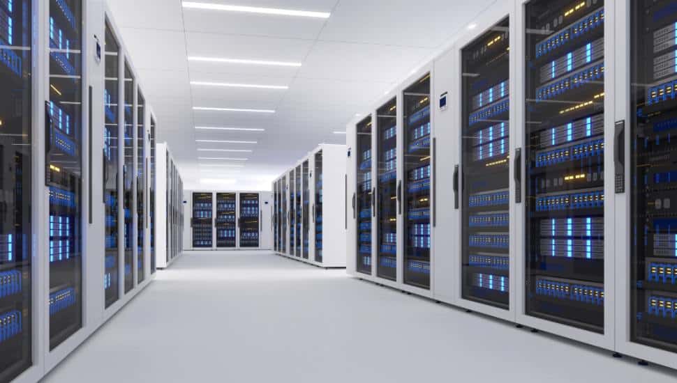 Shot of Data Center With Multiple Rows of Fully Operational Server Racks.