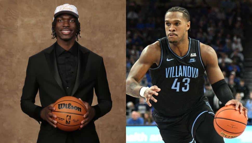 A picture of Rasheer Fleming in a black suit holding a basketball net to a picture of Eric Dixon on the court in his Villanova Wildcats jersey.