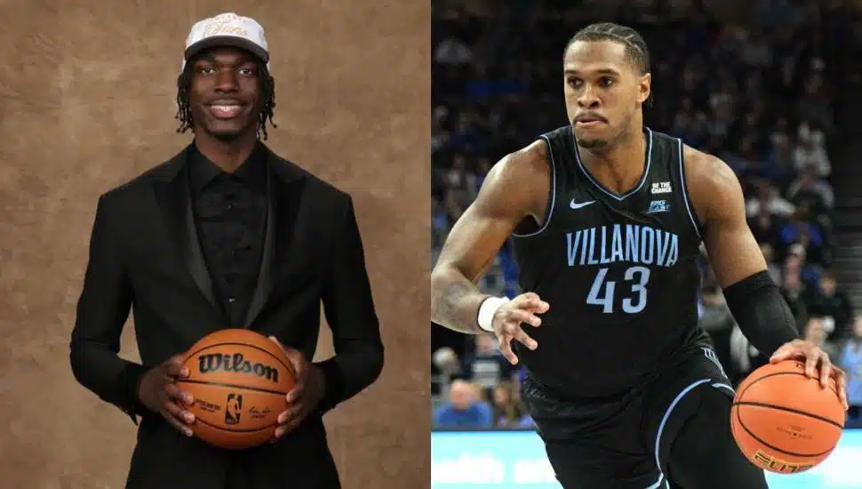 A picture of Rasheer Fleming in a black suit holding a basketball net to a picture of Eric Dixon on the court in his Villanova Wildcats jersey.