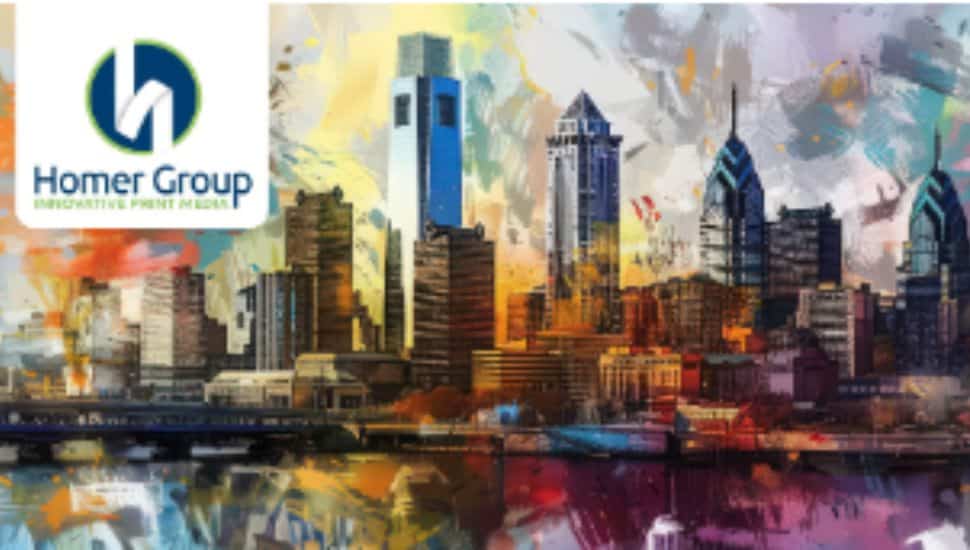 Colorful, artistic rendering of the Philadelphia skyline with the Homer Group logo in the top left corner, showcasing their branding as "Innovative Print Media."