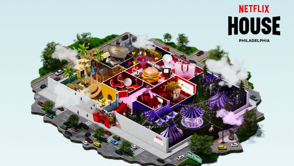 Illustrated aerial view of Netflix House Philadelphia, featuring themed rooms, attractions, dining areas, and interactive experiences based on Netflix shows.