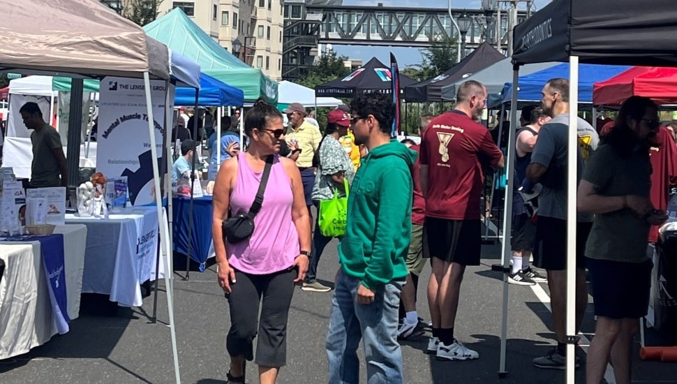 People walk among vendors at a fair.