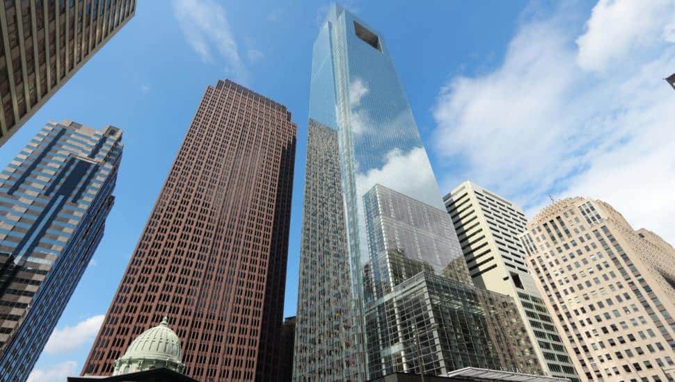 A ground-level view of the Comcast building in Philadelphia.