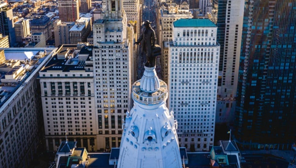 Aerial view of Philadelphia skyline and William Penn statue.
