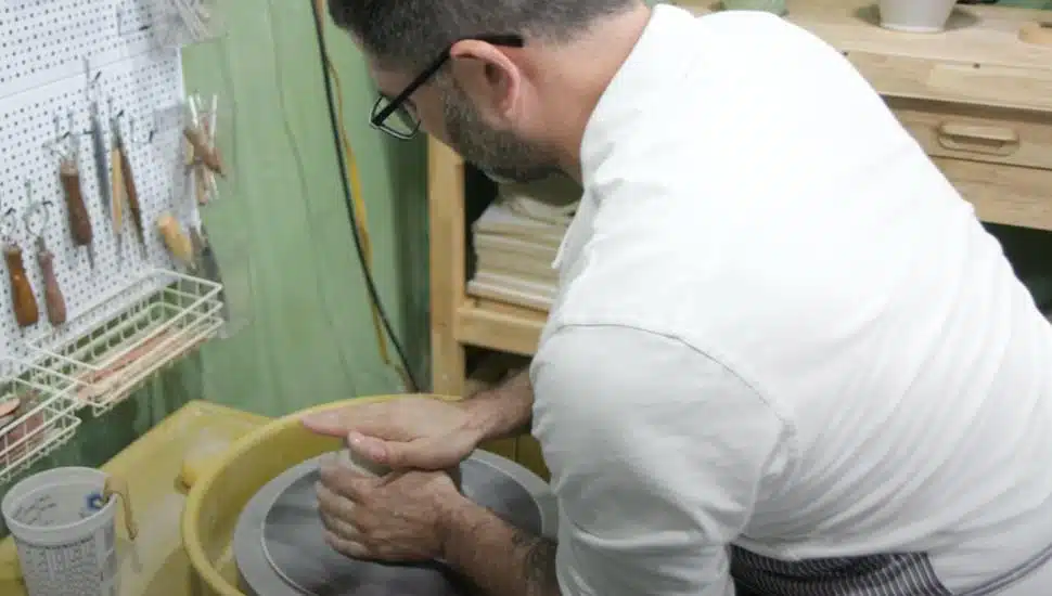 Daniel Hoffman making ceramics with cremated remains.