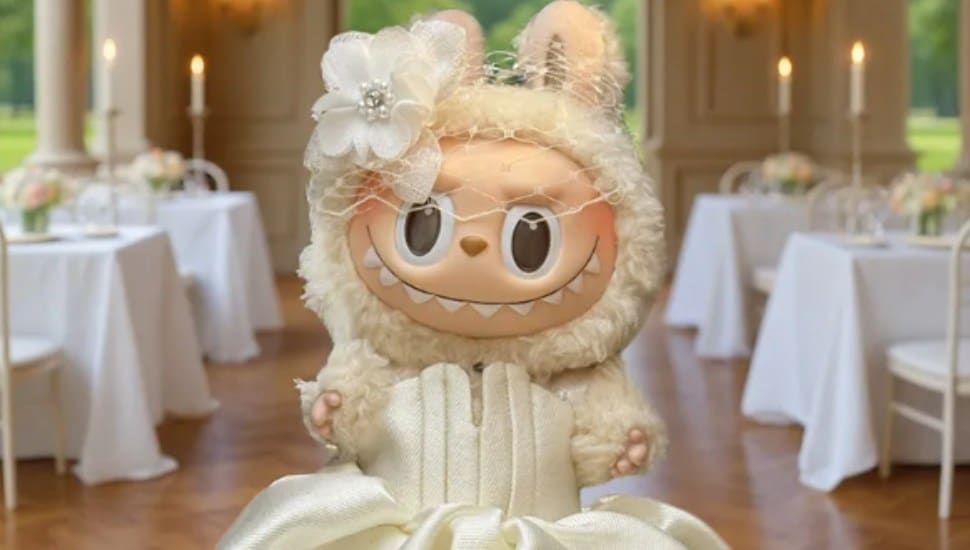 A Labubu doll dressed in a David's Bridal wedding dress.