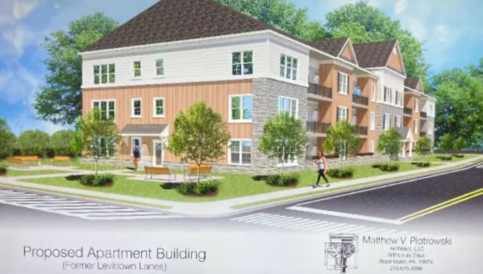Rendering of the new apartment building at the former Levittown Lanes location.