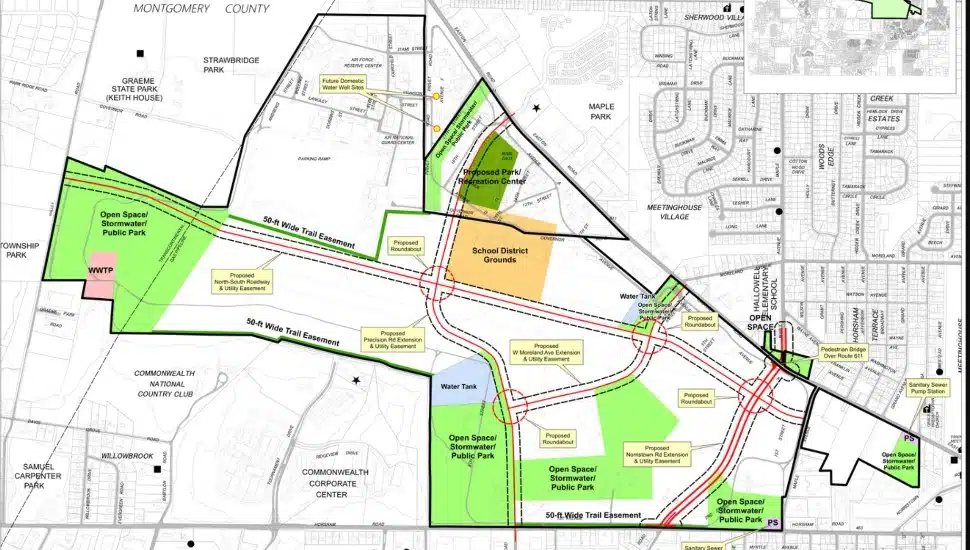 Map outlining future streets, trails, and sewer systems at the former Willow Grove Naval Base.