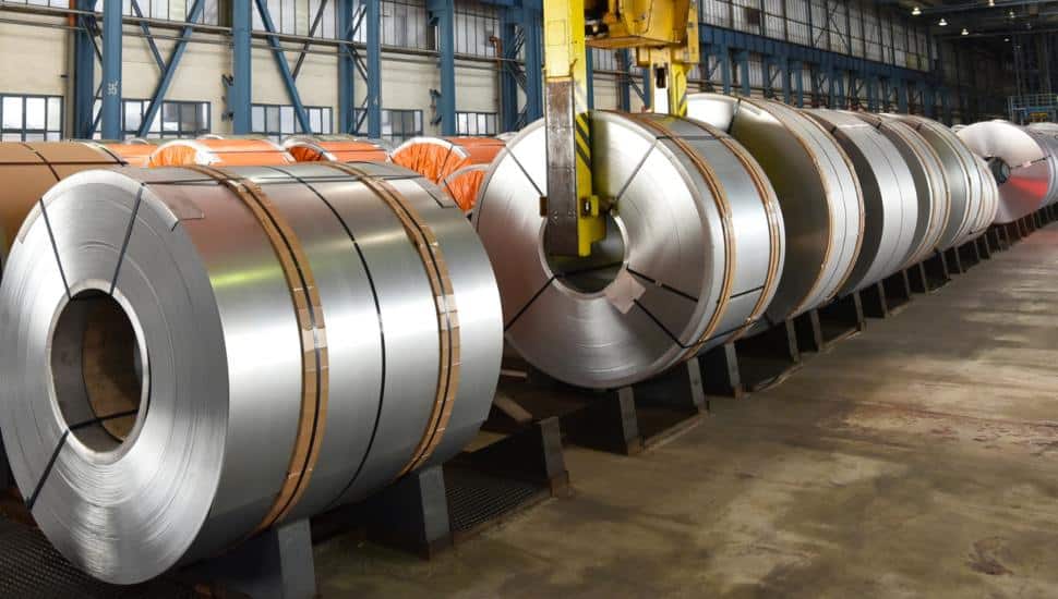 Reels of processed steel at a steel mill.