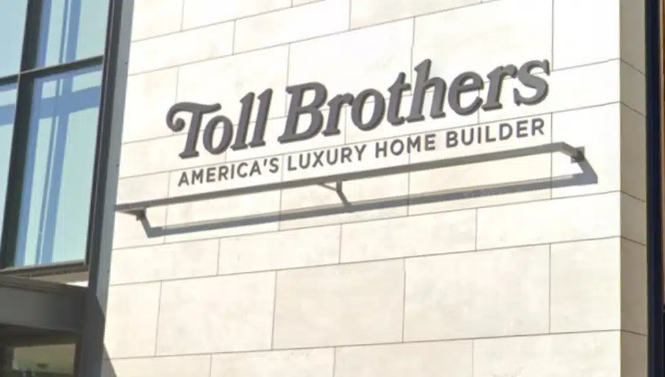 The Toll Brothers sign on the facade of their home office in Fort Washington.