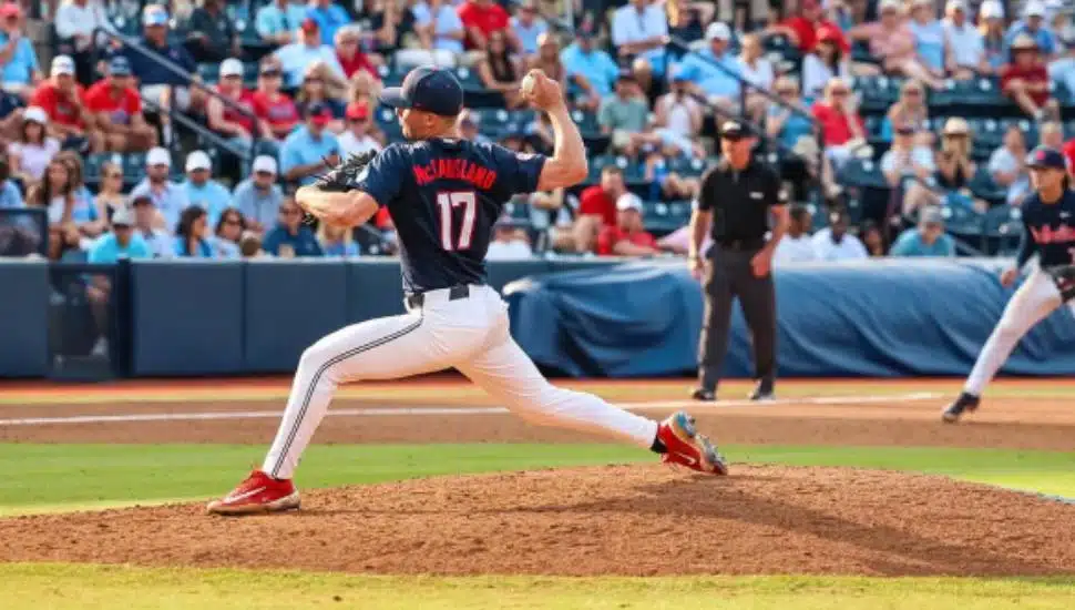 Will McCausland throws from the mound.