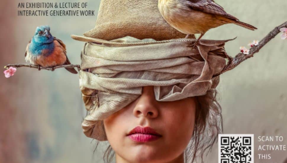 Surreal portrait of a woman with her eyes covered by beige fabric, wearing a hat adorned with two birds perched on blossoming branches, promoting Dan Marcolina’s interactive generative art exhibition.