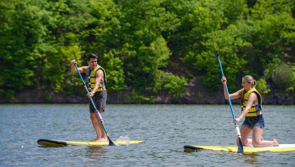 Two people paddleboarding on a lake wearing life jackets, surrounded by lush green trees.
