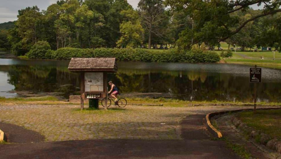 Cyclist riding past a wooden information board near a calm lake in a park with trees in the background.