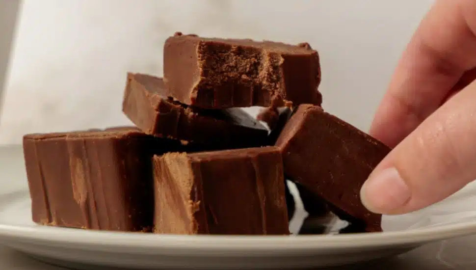 A hand picks Asher's Chocolate fudge from a plate.