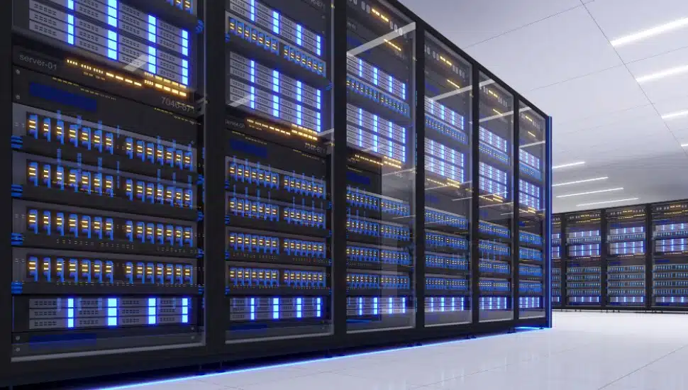 Shot of Data Center With Multiple Rows of Fully Operational Server Racks.