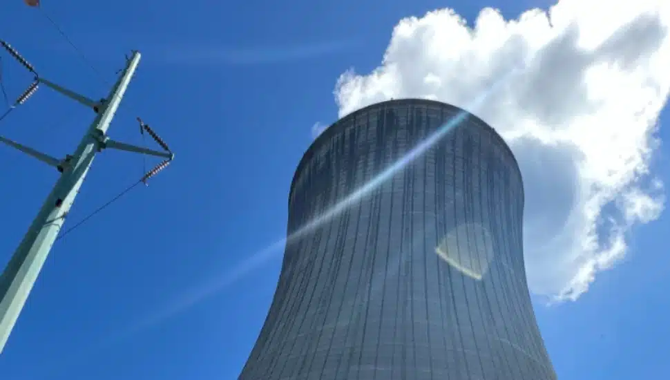 A ground level view of the smoke stack at the Limerick Energy Station.