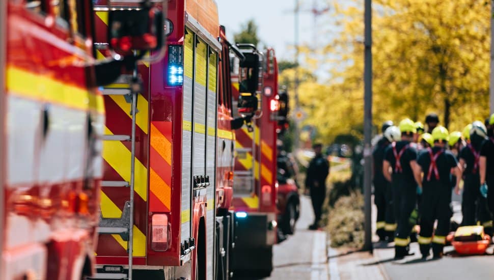 Red fire trucks in row.