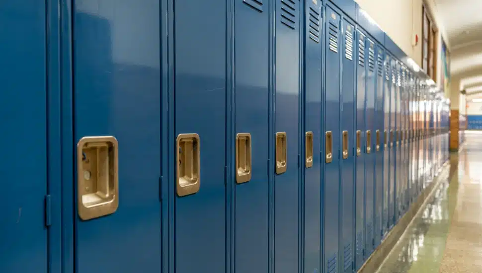 Blue lockers line a high school hallway.