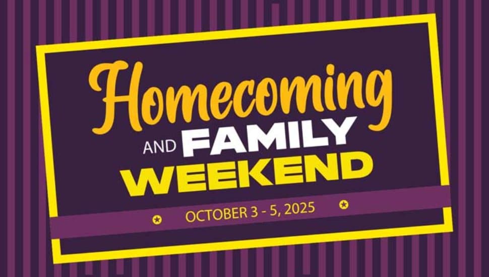 Purple and yellow promotional banner for WCU Homecoming and Family weekend.
