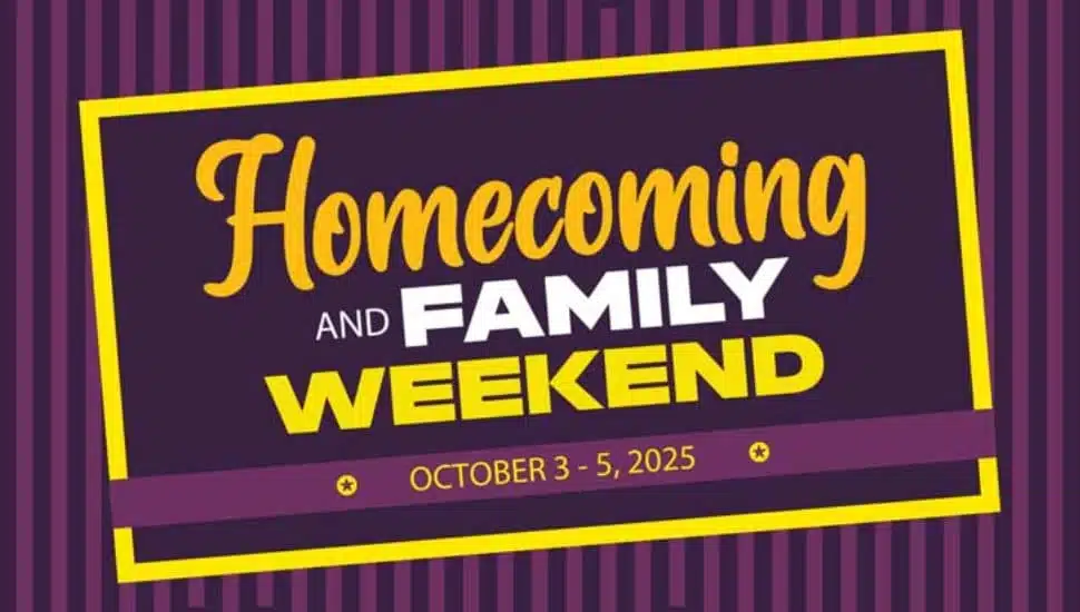 Purple and yellow promotional banner for WCU Homecoming and Family weekend.