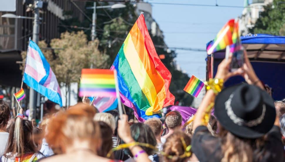 Crowds of people waving LGBTQ flags.