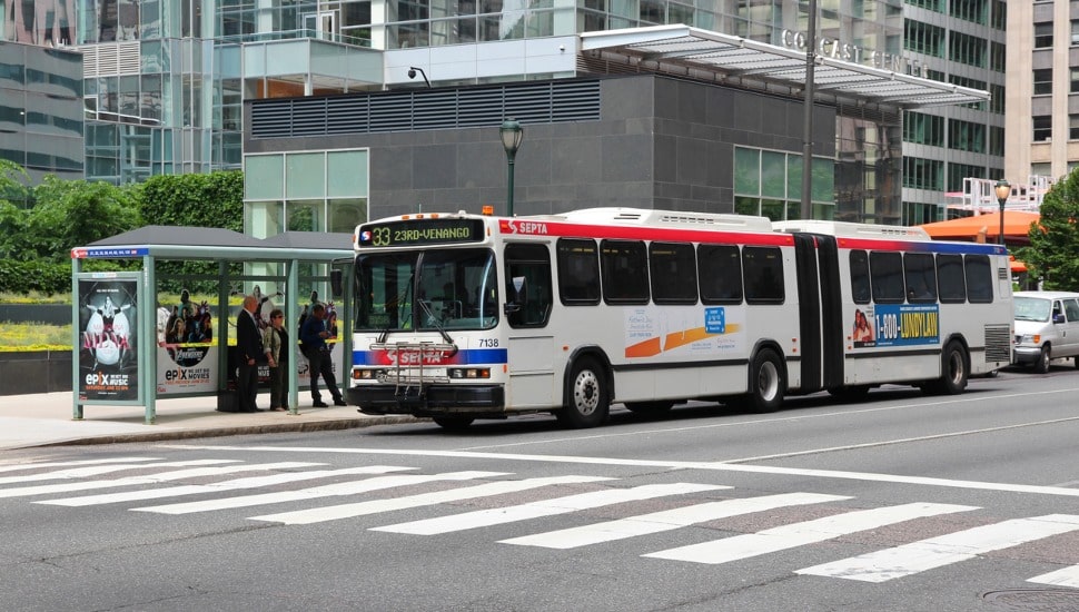 A SEPTA bus at a bus stop.