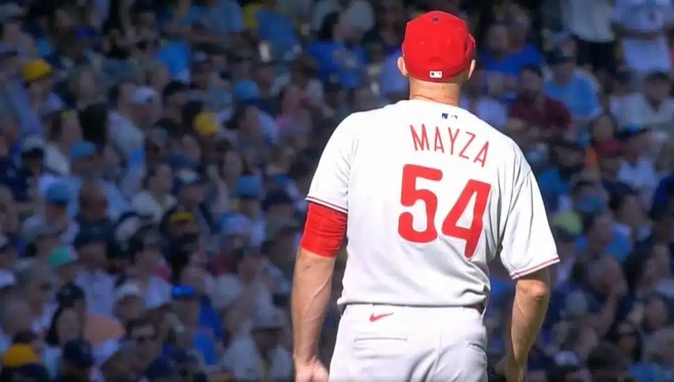 Tim Mayza stares at the crowd after a strikeout with the Phillies.