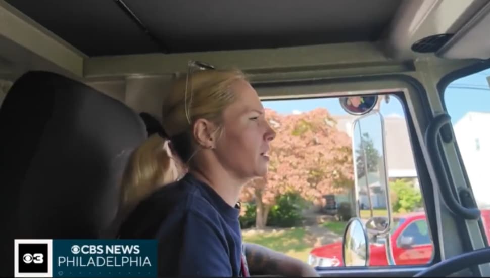 Sarah Hayne driving a fire truck in Parkside.
