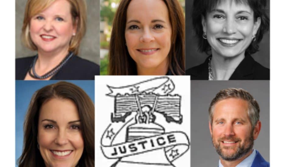 Top row, L-R: Montgomery Bar Association Treasurer Mary Kay Kelm; Montgomery County Family Justice Advisory Board Chair Melissa M. Boyd; and Monroe County President Judge Margherita Patti-Worthington. Bottom row, L-R: Montgomery County President Judge Carolyn T. Carluccio; and Montgomery Bar Association President Seth D. Wilson.