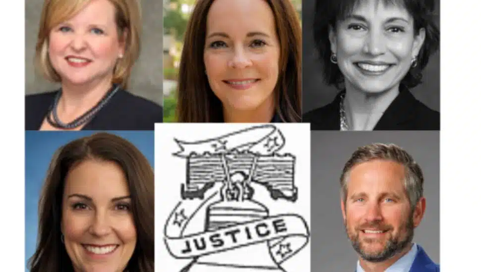 Top row, L-R: Montgomery Bar Association Treasurer Mary Kay Kelm; Montgomery County Family Justice Advisory Board Chair Melissa M. Boyd; and Monroe County President Judge Margherita Patti-Worthington. Bottom row, L-R: Montgomery County President Judge Carolyn T. Carluccio; and Montgomery Bar Association President Seth D. Wilson.