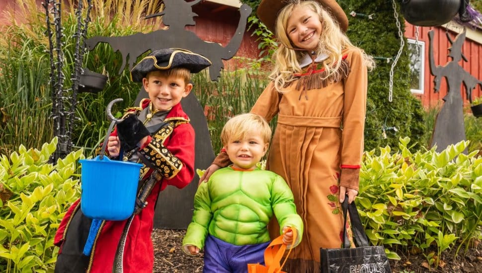 Three children in Halloween costumes — a pirate, superhero, and cowgirl — smiling outdoors with trick-or-treat bags.