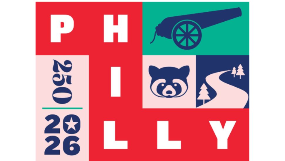 America 250 Philadelphia 2026 logo featuring bold letters, a cannon, raccoon, trees, and the number 250.