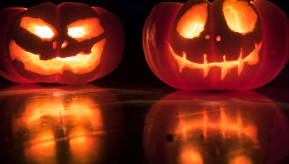 close up of lit jack-o-lanterns.