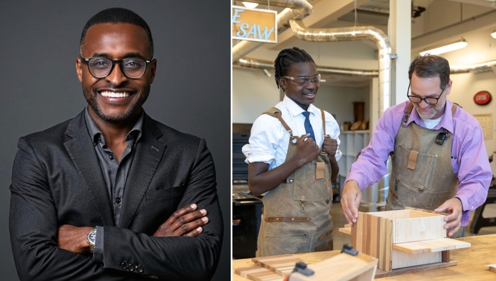Headshot of male school administrator next to picture of student and teacher working on an art project.