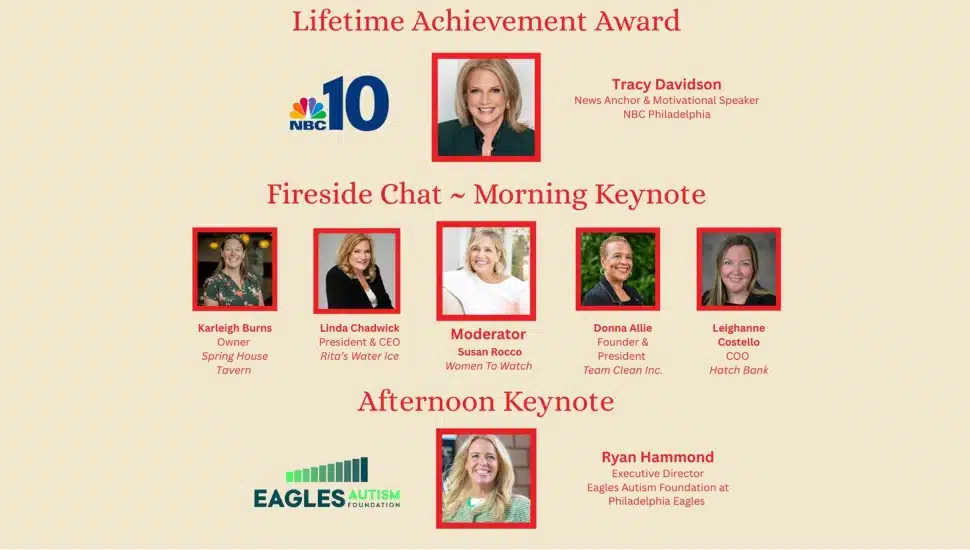 Banner graphic promoting women's conference with headshots of speakers and award winners.
