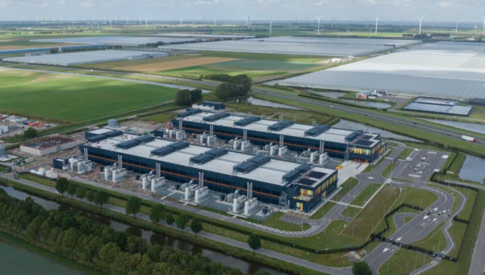 Aerial view of a large data center.