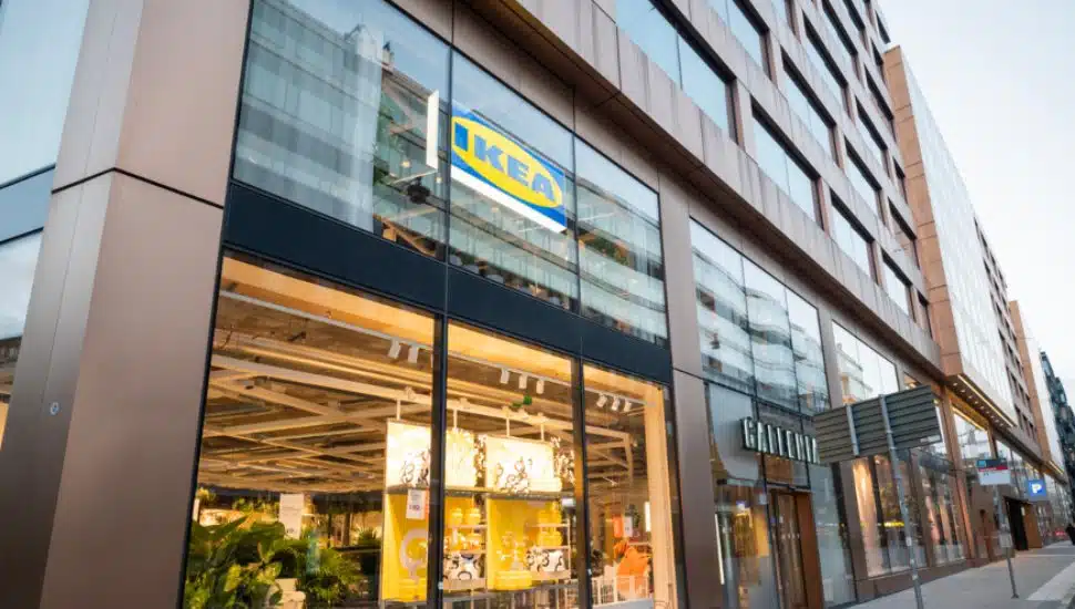 Exterior view of Ikea building on the street in the city center with shop windows