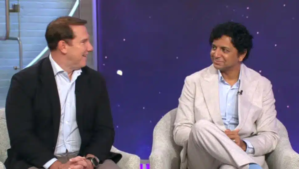 M. Night Shyamalan and Nicholas Sparks on the set of CBS Mornings.