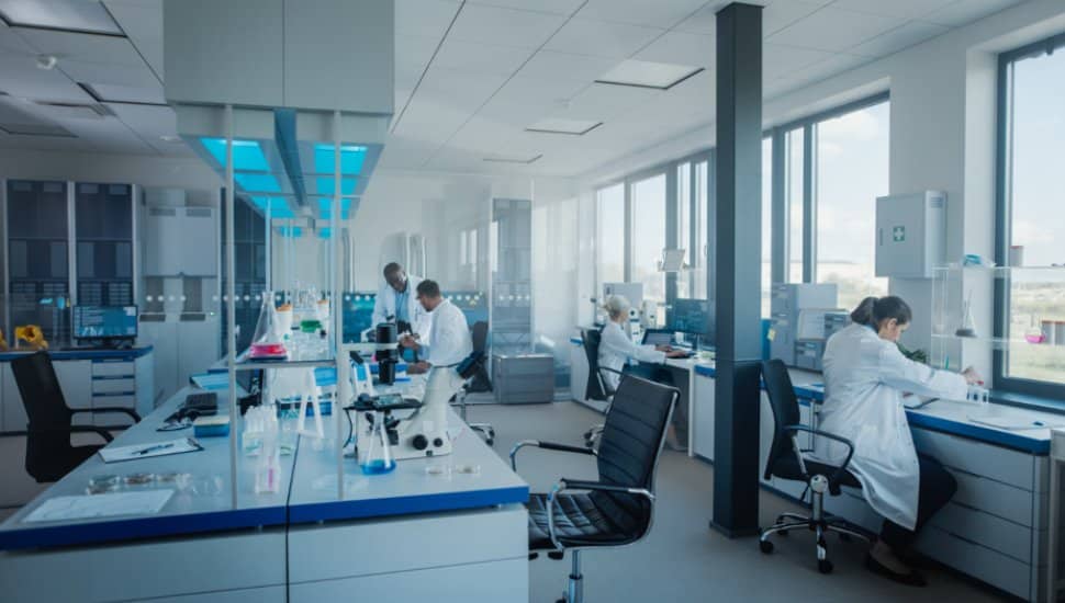 Team of scientists working, analysing sample.