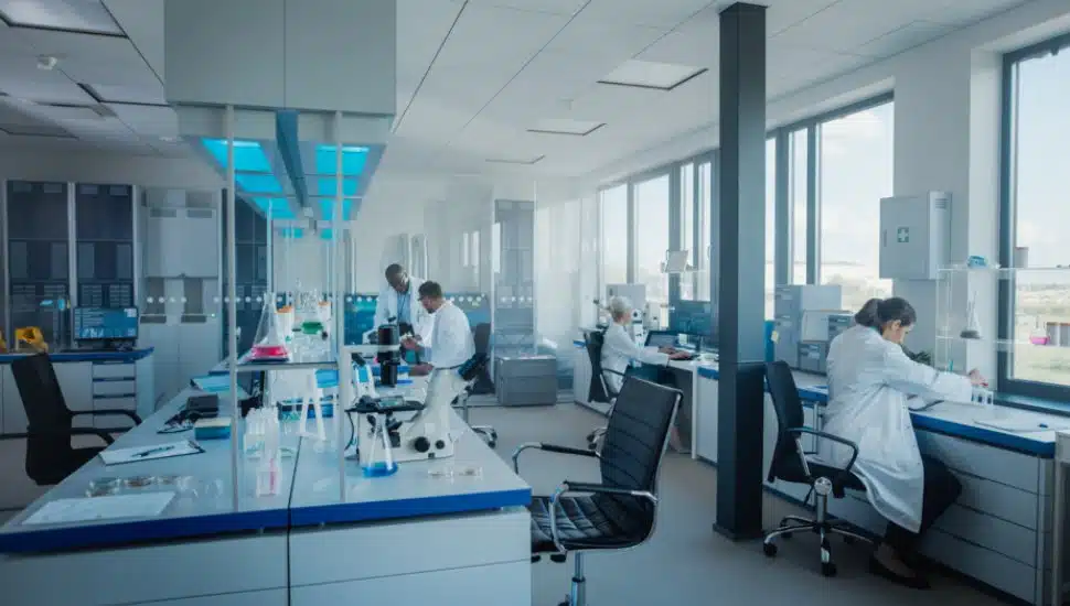 Team of scientists working, analysing sample.