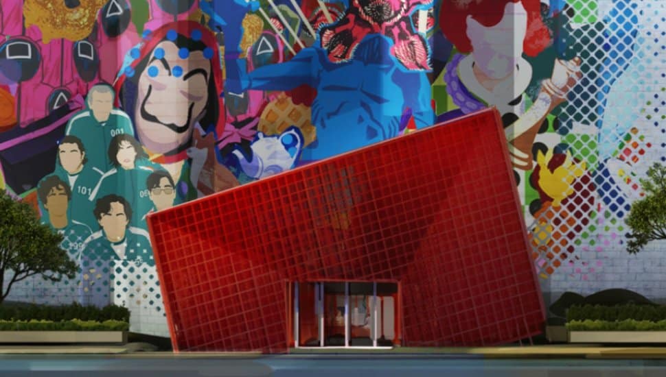 The facade of the new Netflix House painted with a collage of Netflix characters.