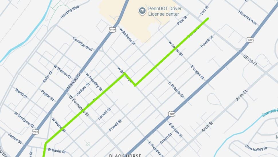 Map showing the planned Pennsylvania American Water main replacement route in Norristown and East Norriton, highlighting the path from West Elm Street along Swede Street through Pine, West Brown, Locust, and Johnson Highway.