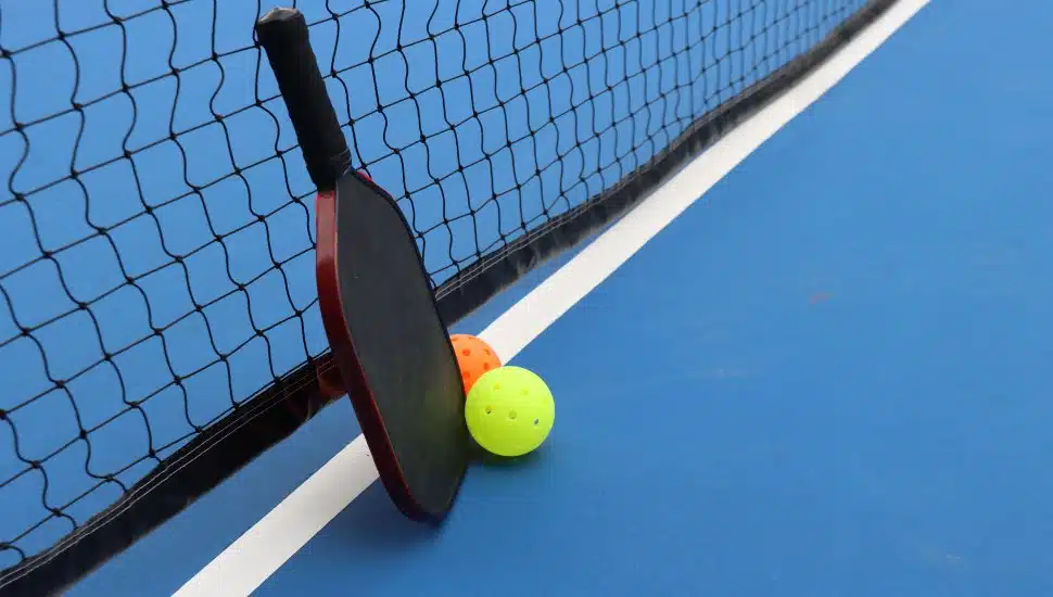 A pickleball paddle, ball lying against a net.
