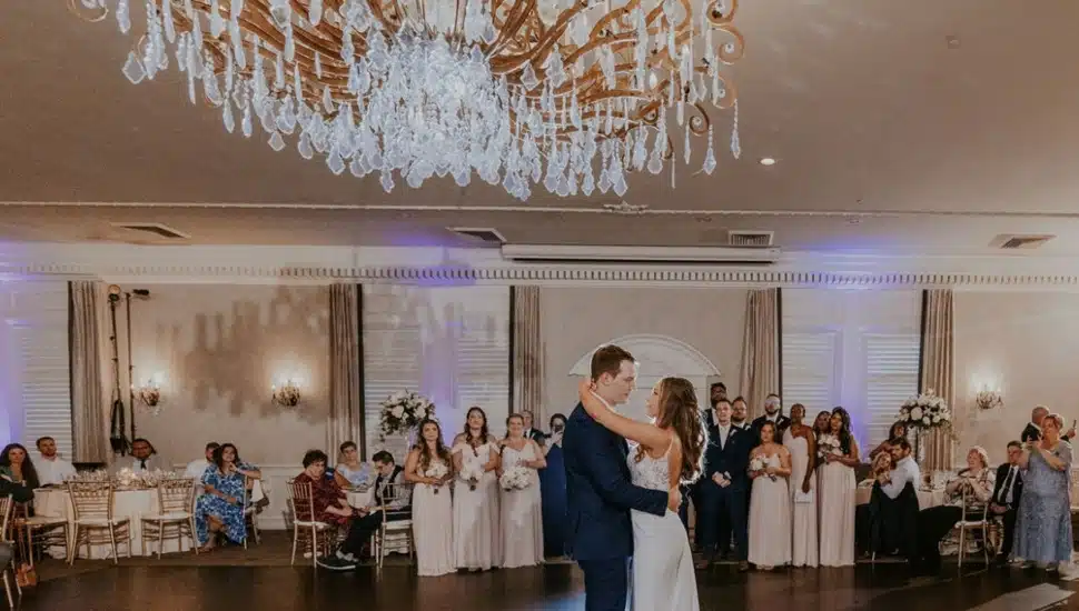 Bride and groom's first dance at wedding reception.